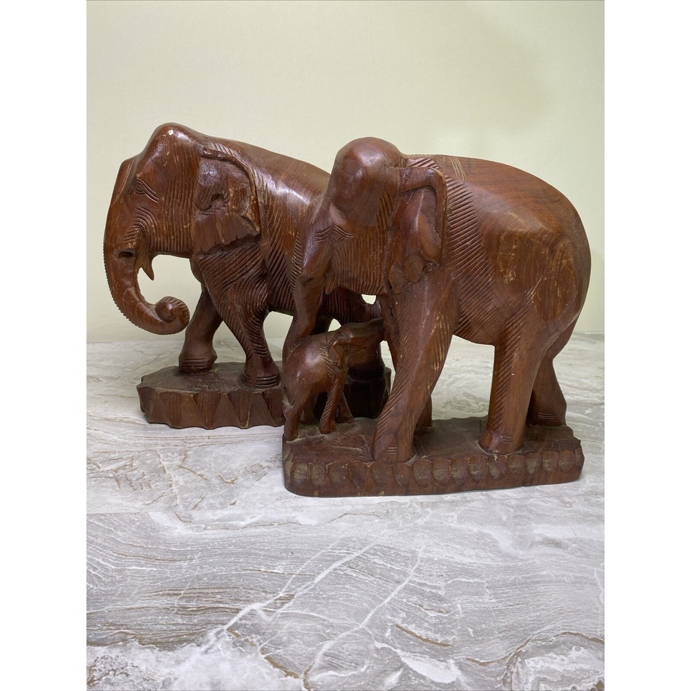 Vintage Teak Elephants Pair • Lot of 2 • Solid Teak wood
